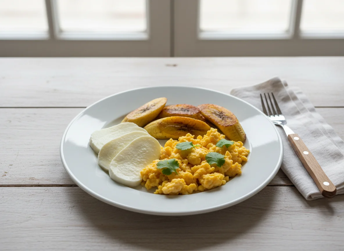 Café da manhã com ovos, queijo e banana photo