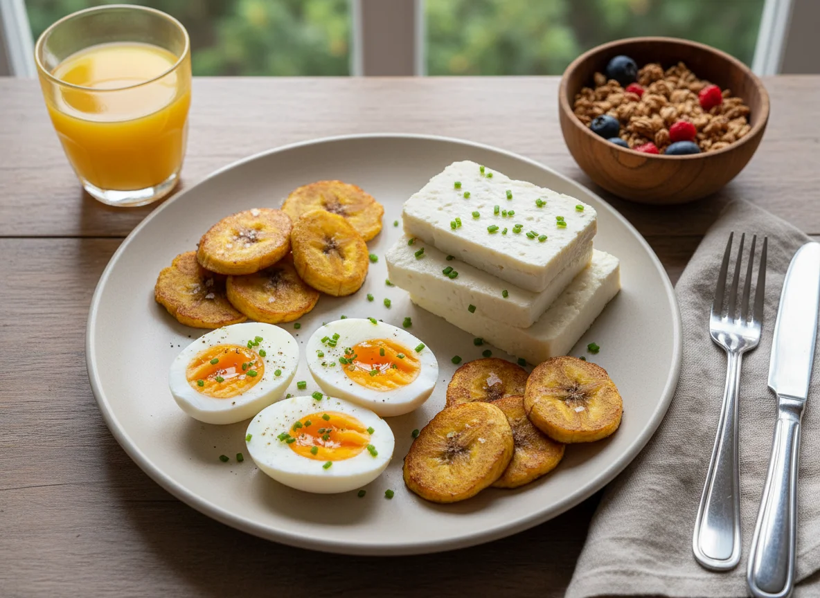 Café da manhã com ovos, queijo e banana da terra photo