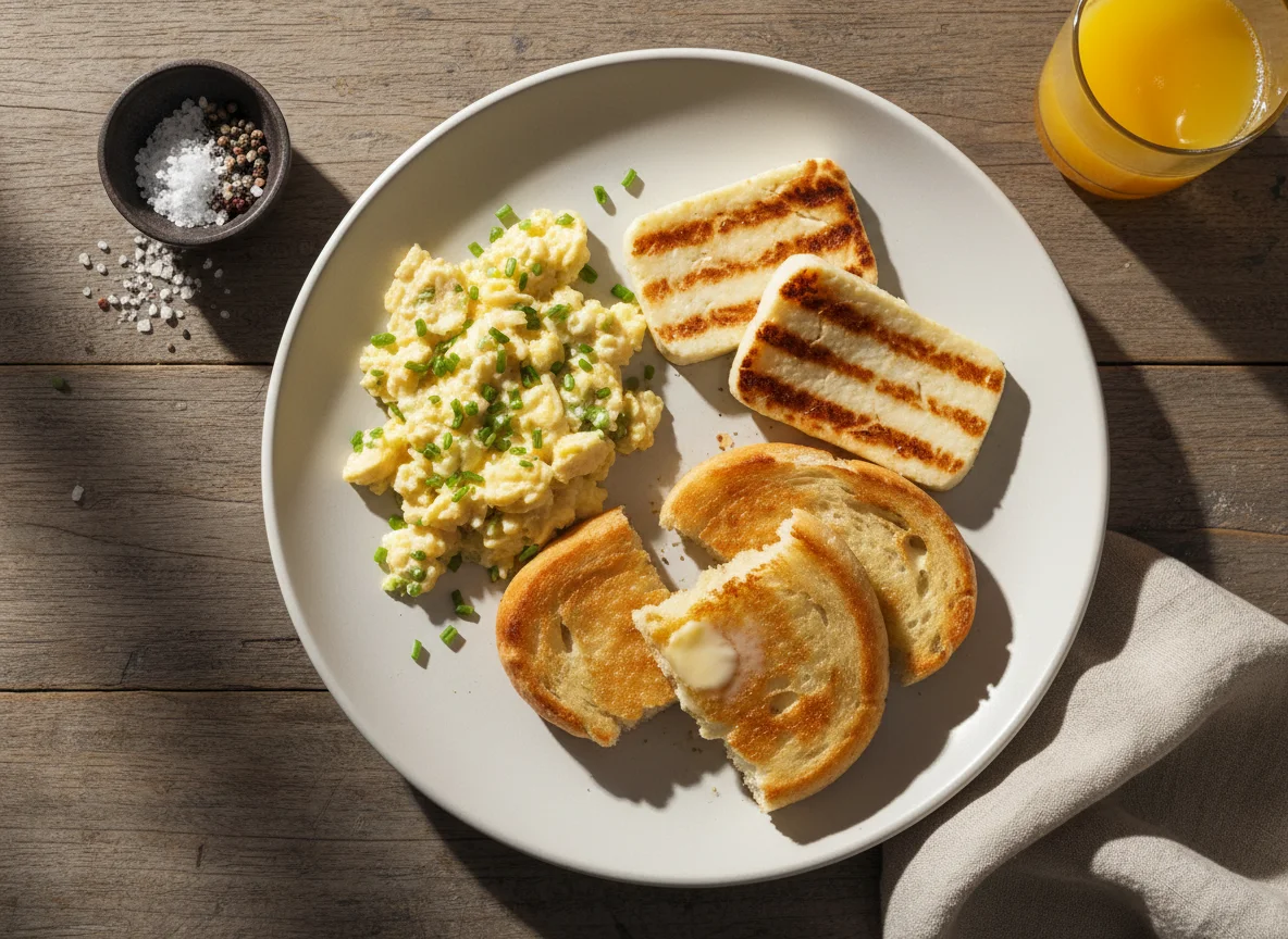 Café da manhã com ovos, queijo e pão photo