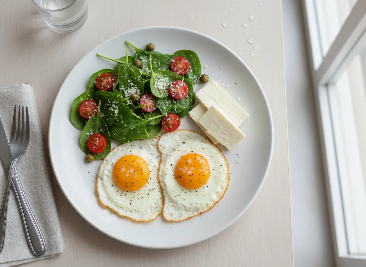 Café da manhã com ovos, queijo e salada photo