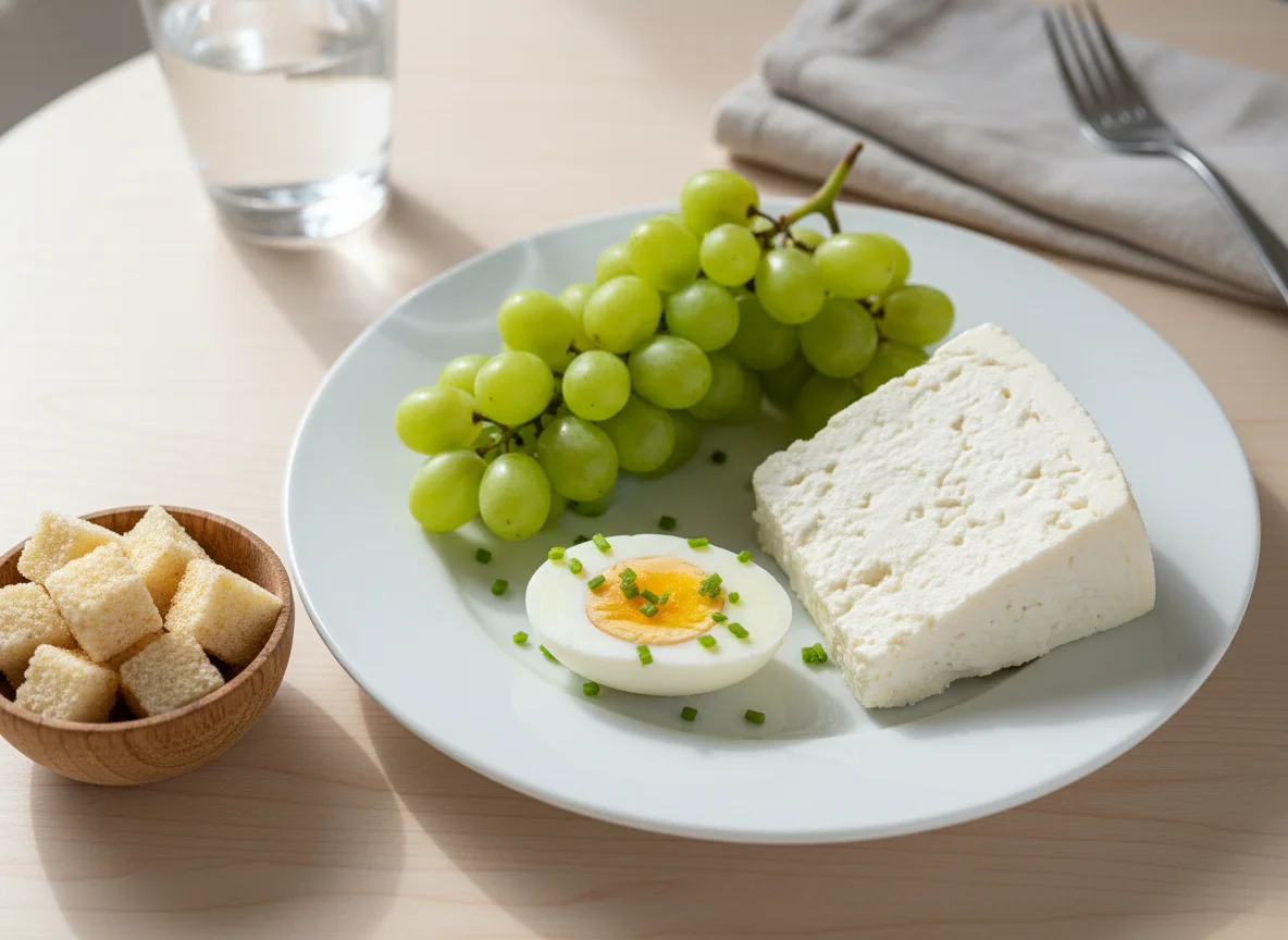 Café da manhã com ovos, queijo e uvas photo