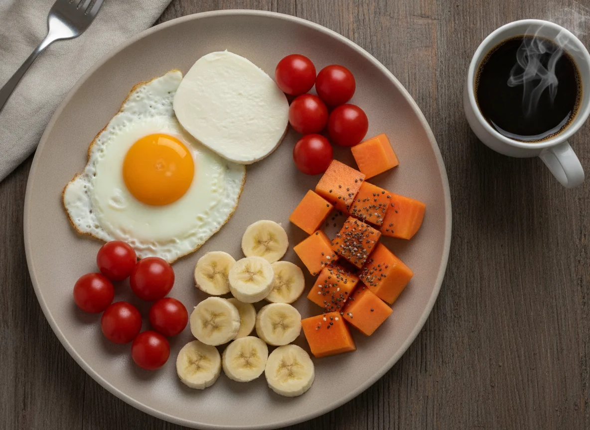 Café da manhã com ovos, queijo, frutas e café photo