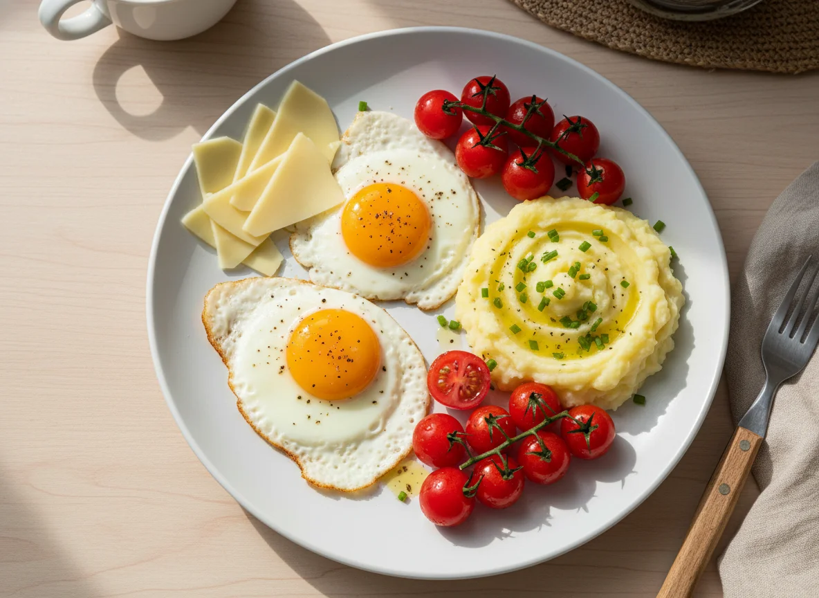 Café da manhã com ovos, queijo, purê de batata e tomate cereja photo