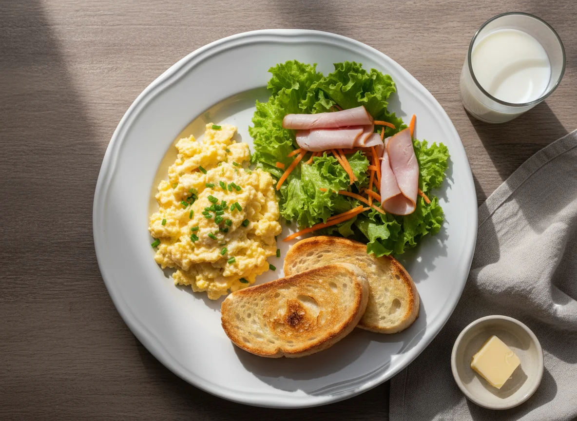 Café da manhã com ovos, salada, presunto e pão photo