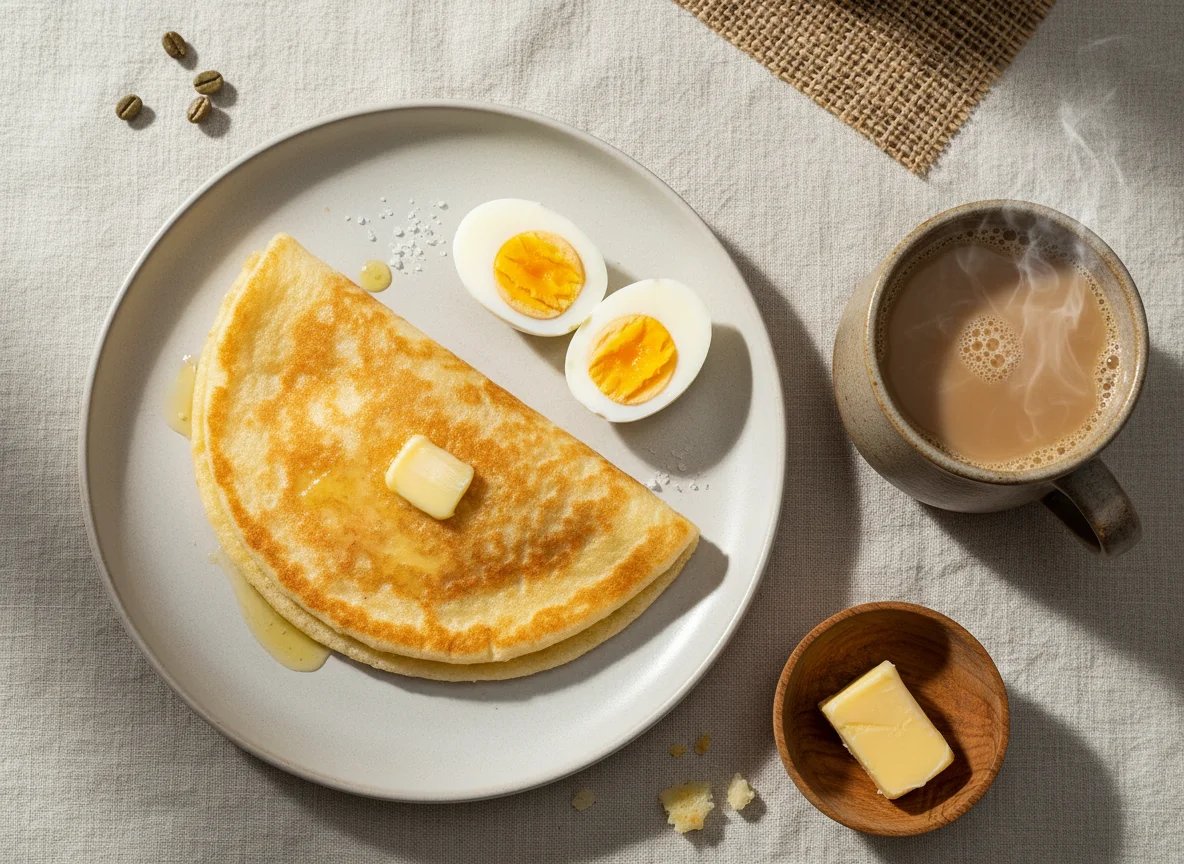 Café da manhã com ovos, tapioca e café com leite photo