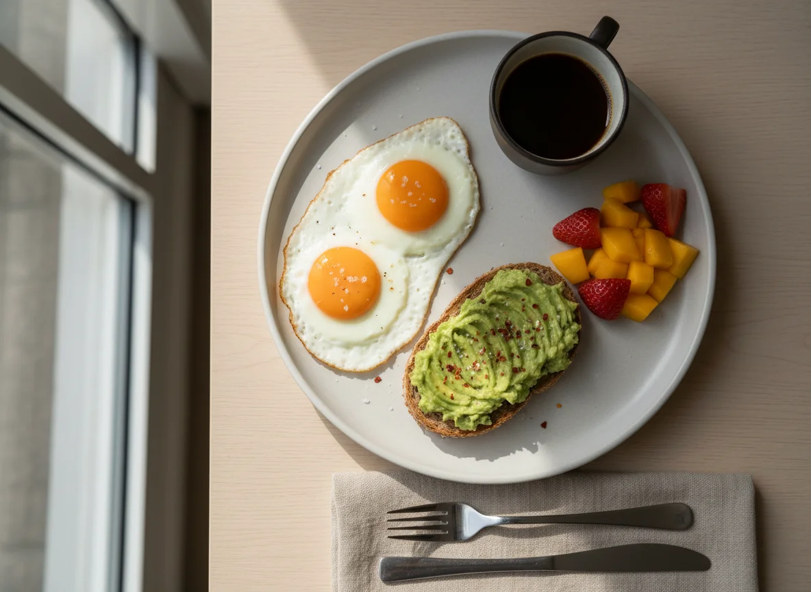 Café da manhã com ovos, torrada com abacate e frutas photo