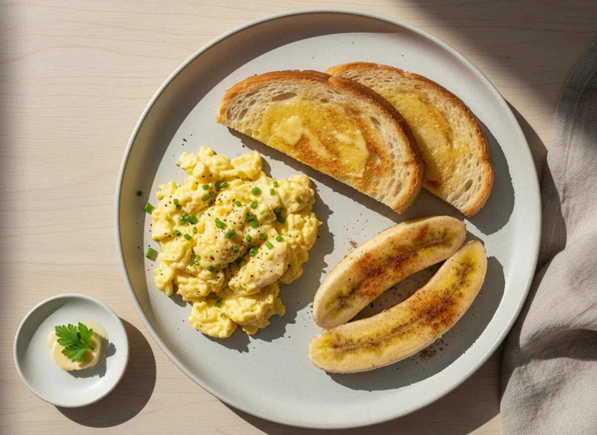 Café da manhã com ovos, torrada e banana photo