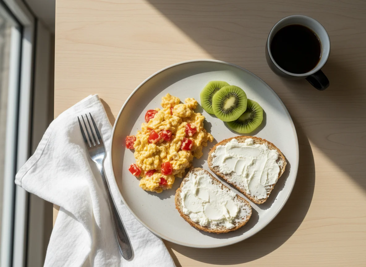 Café da manhã com ovos, torrada e kiwi photo