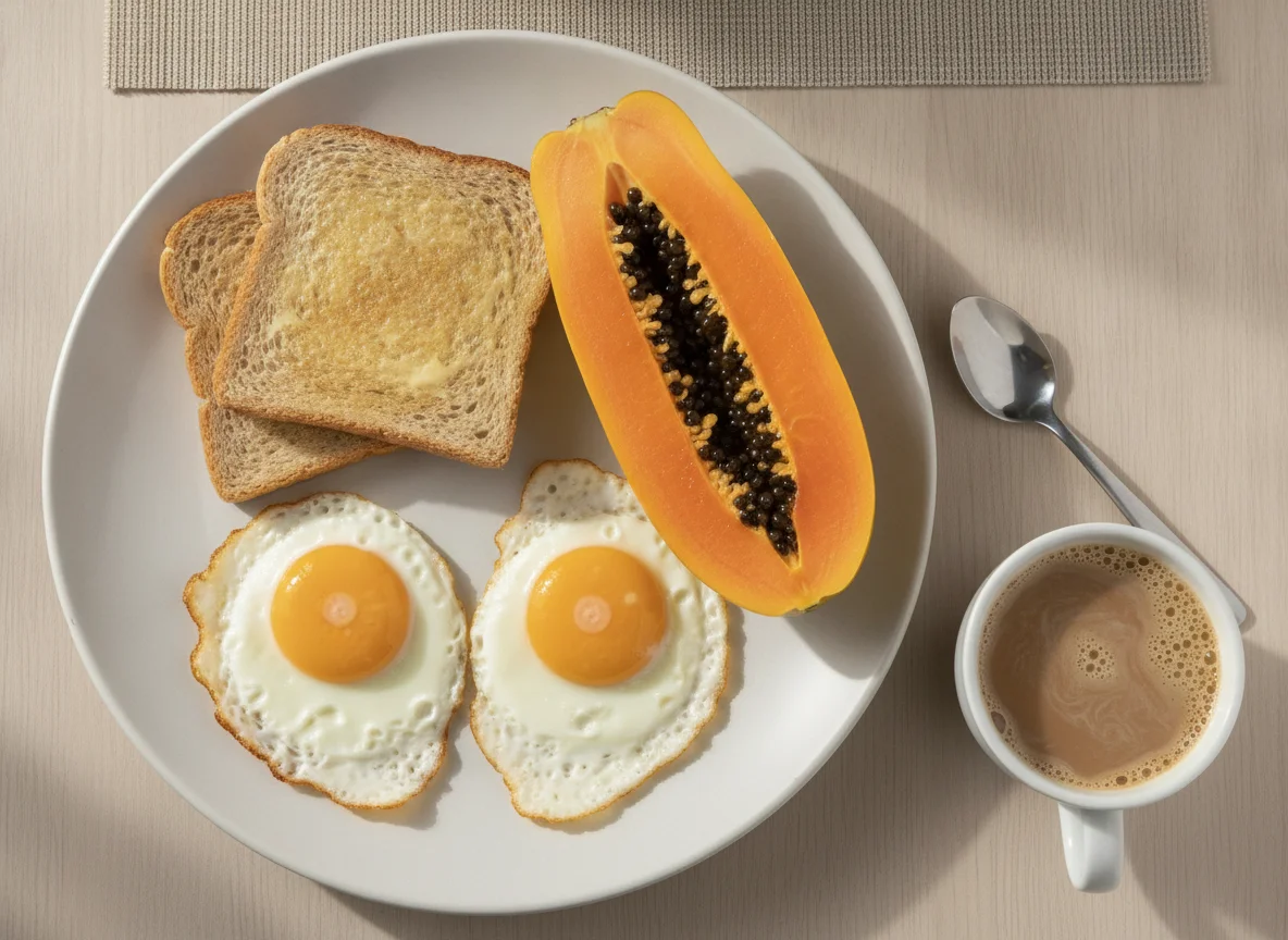 Café da manhã com ovos, torrada, mamão e café com leite photo