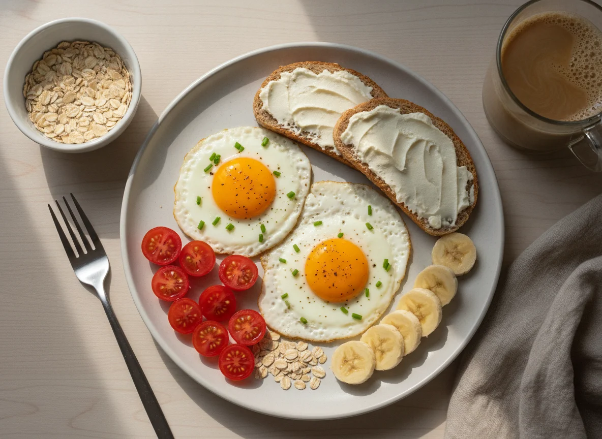 Café da manhã com ovos, torrada, tomate e banana photo