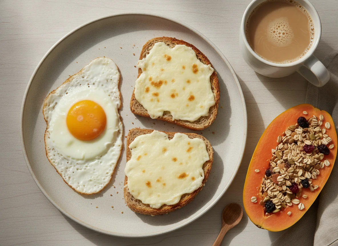 Café da manhã com ovos, torradas com queijo, mamão com granola e café com leite photo