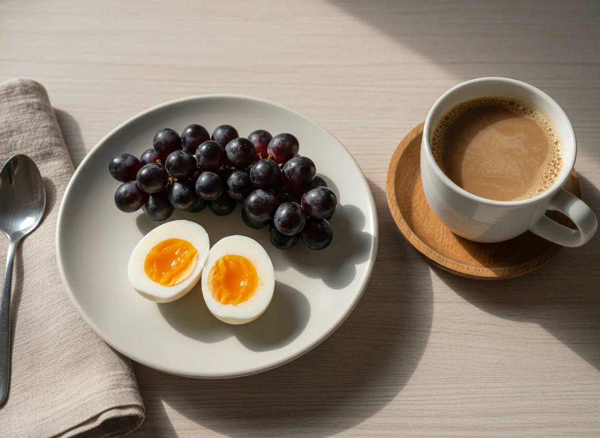 Café da manhã com ovos, uvas e café photo