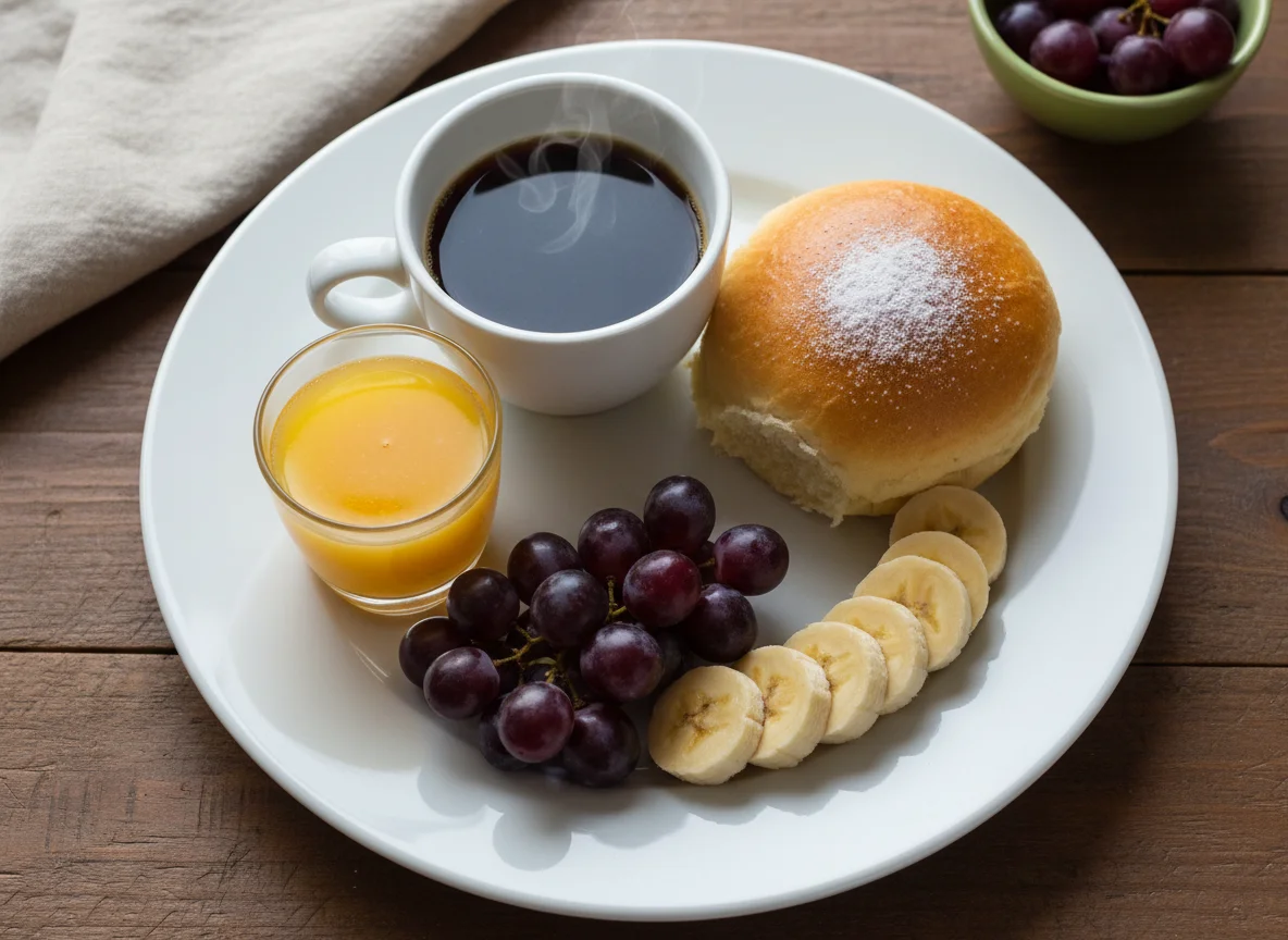 Café da manhã com pães e frutas photo