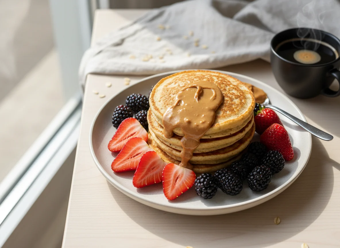 Café da manhã com panqueca e frutas photo