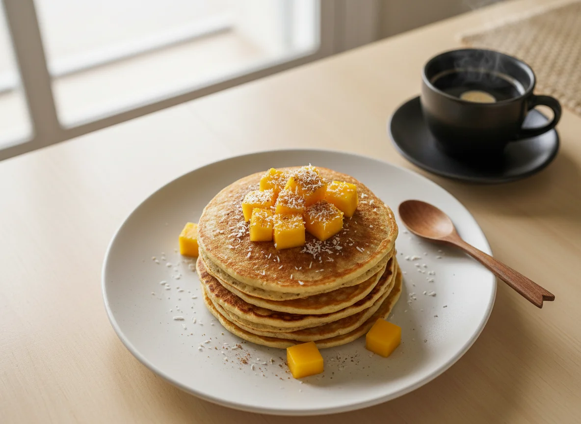 Café da manhã com panqueca, manga e café photo