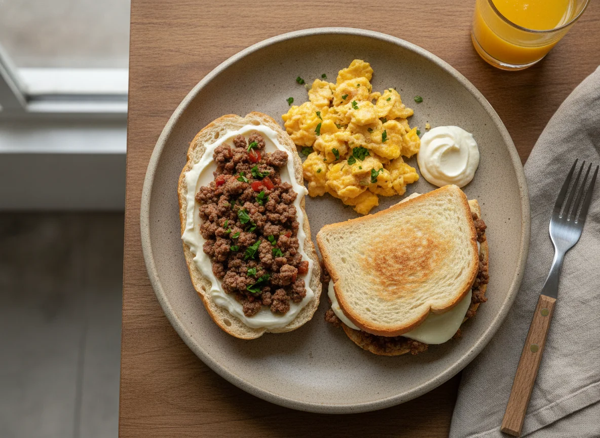 Café da manhã com pão, carne moída, ovos e sanduíche prensado photo