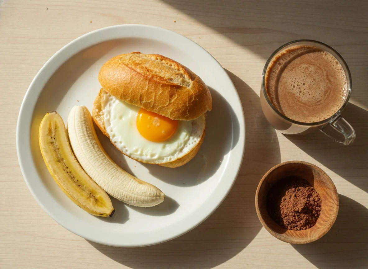 Café da manhã com pão com ovo e queijo, banana e leite achocolatado photo