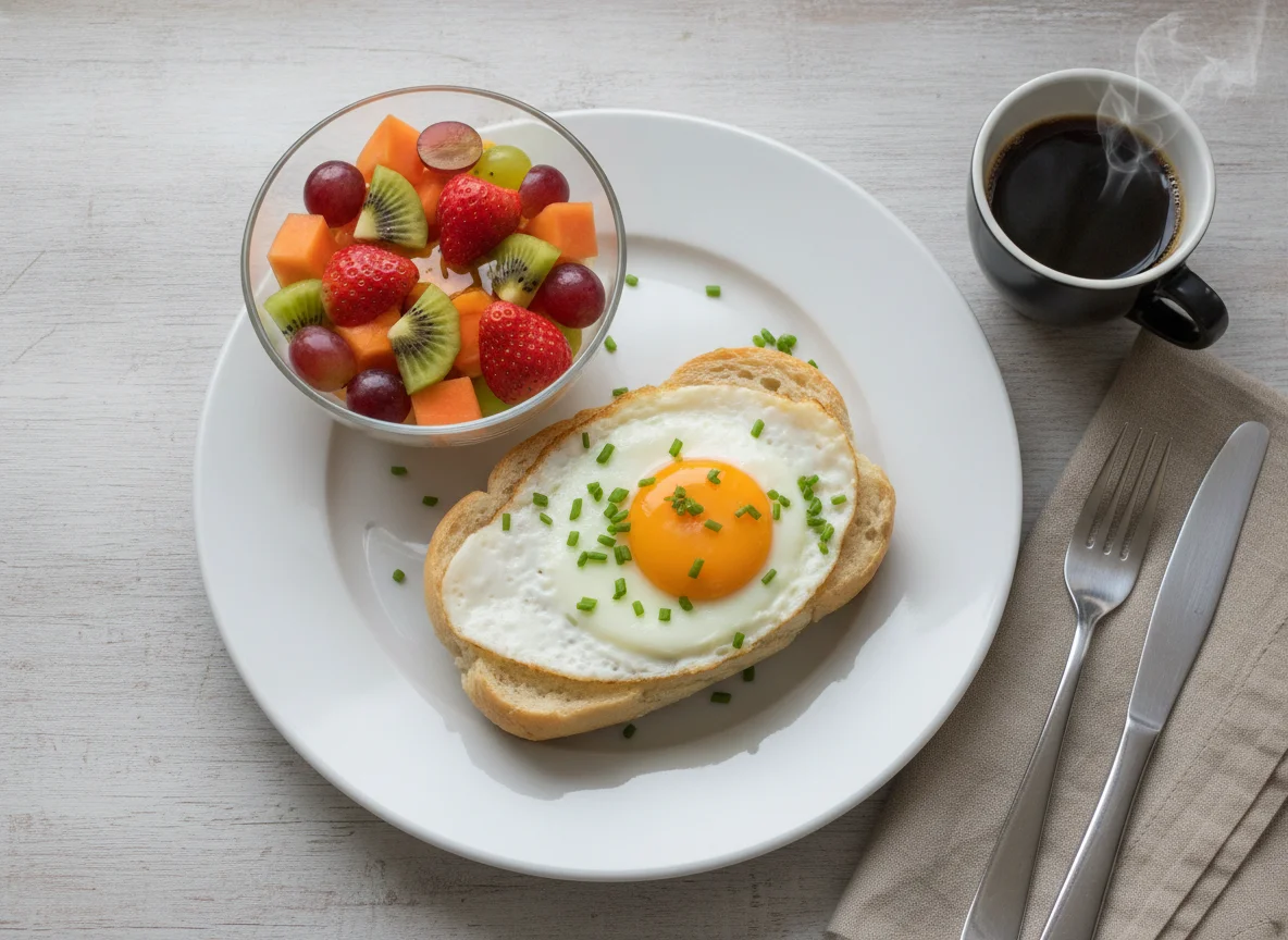 Café da manhã com pão com ovo e salada de frutas photo