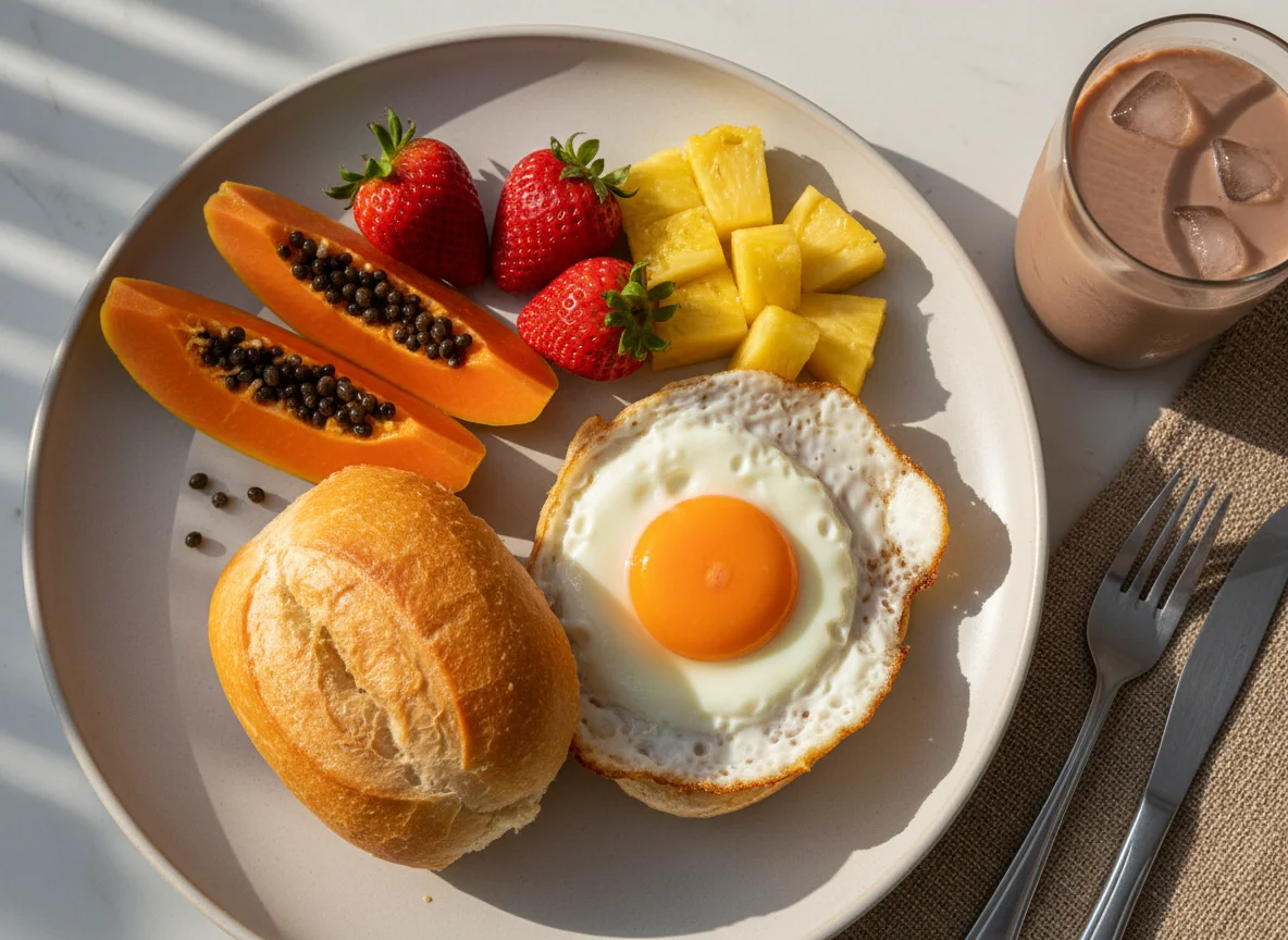 Café da manhã com pão com ovo, frutas e bebida láctea photo