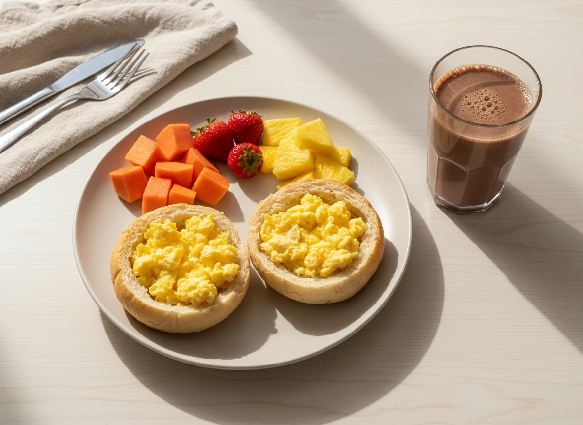 Café da manhã com pão com ovo, frutas e bebida proteica photo