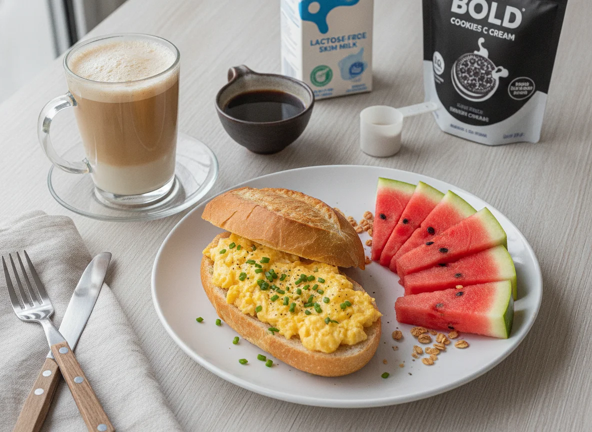 Café da manhã com pão com ovo, melancia e café com whey photo