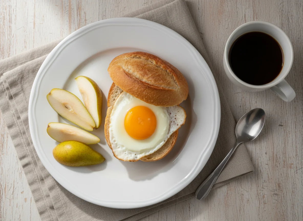 Café da manhã com pão com ovo, pera e café photo