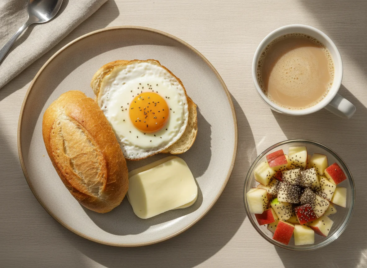 Café da manhã com pão com ovo, queijo, café com leite e frutas com chia photo