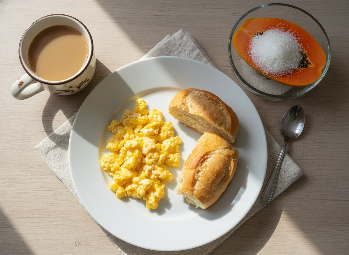 Café da manhã com pão com ovos, mamão e café com leite photo