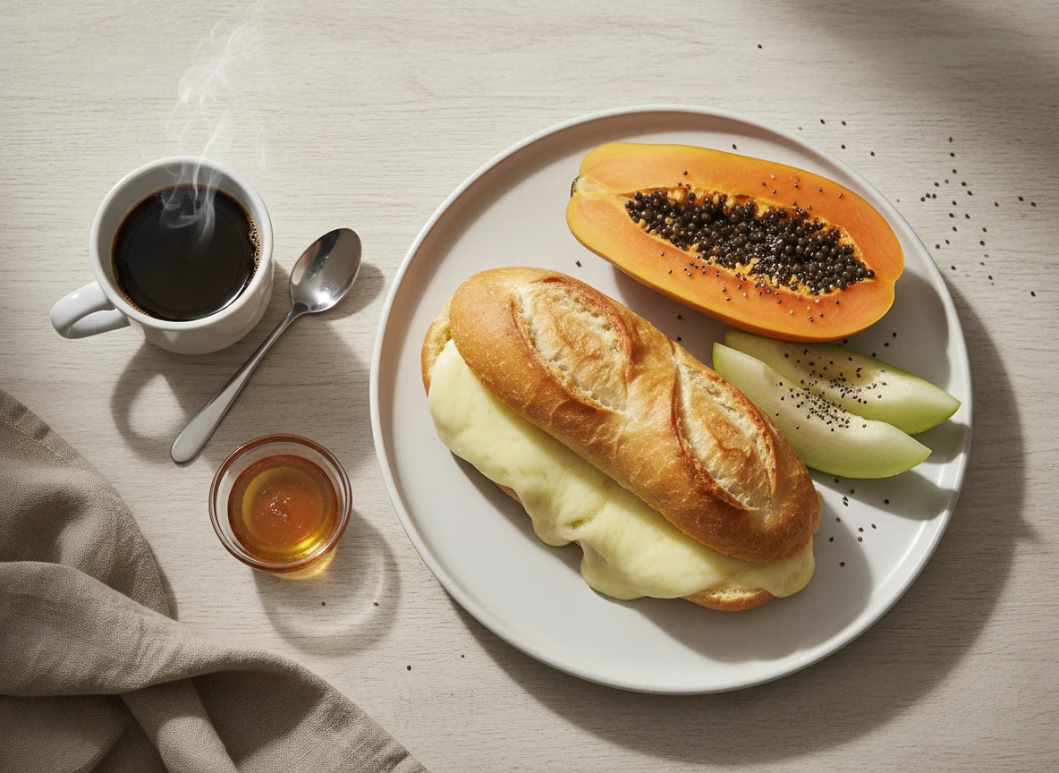 Café da manhã com pão com queijo, frutas e café photo