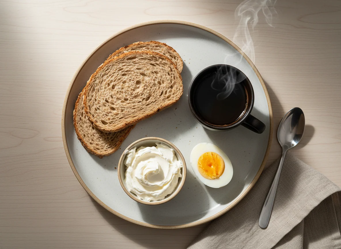 Café da manhã com pão, cream cheese, ovos e café photo