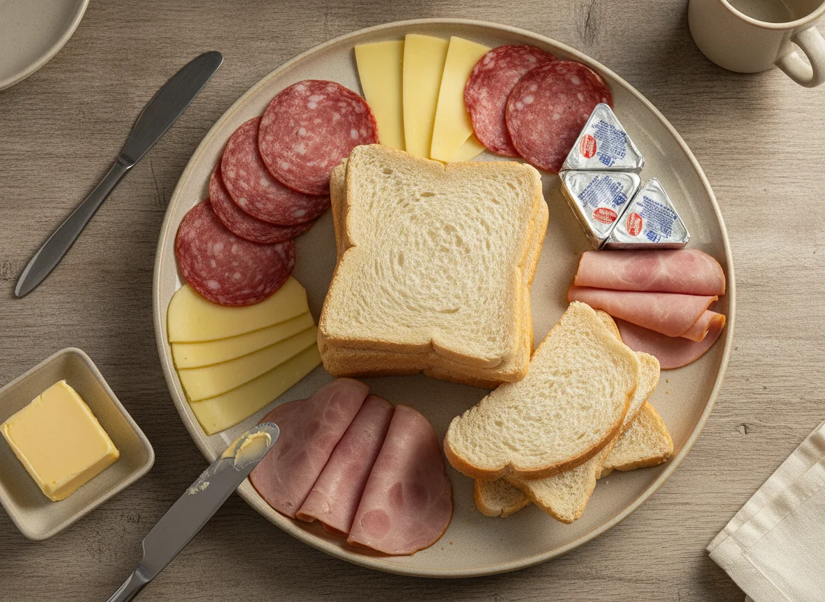 Café da manhã com pão de forma, frios e manteiga photo