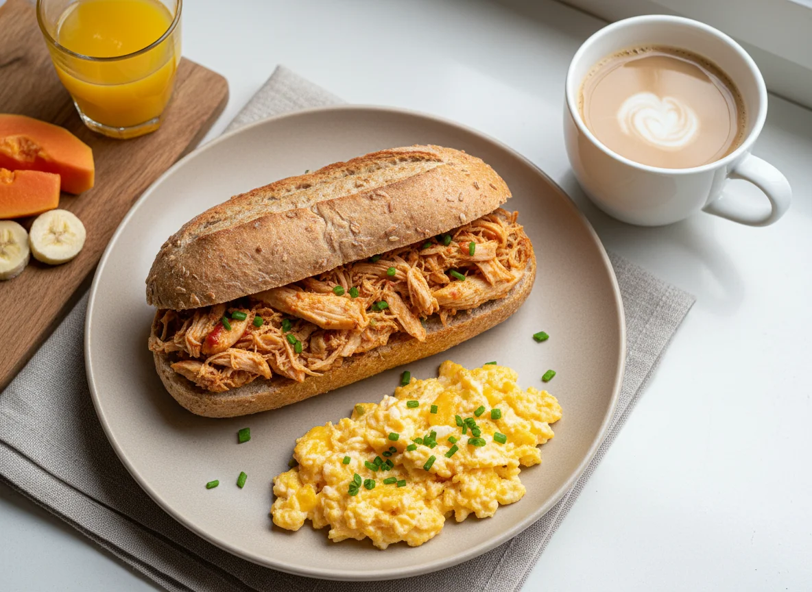 Café da manhã com pão de frango e ovos mexidos photo