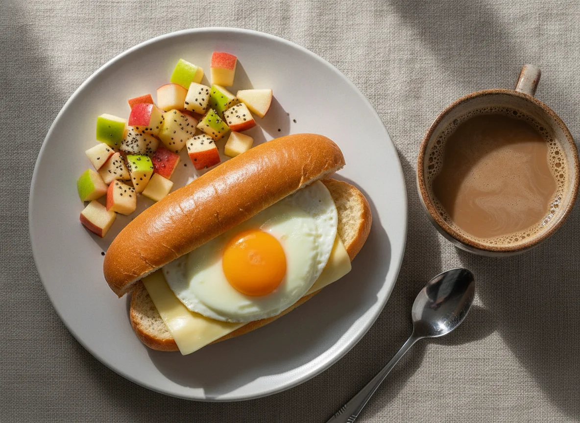 Café da manhã com pão de leite, ovo, queijo, frutas e café com leite photo