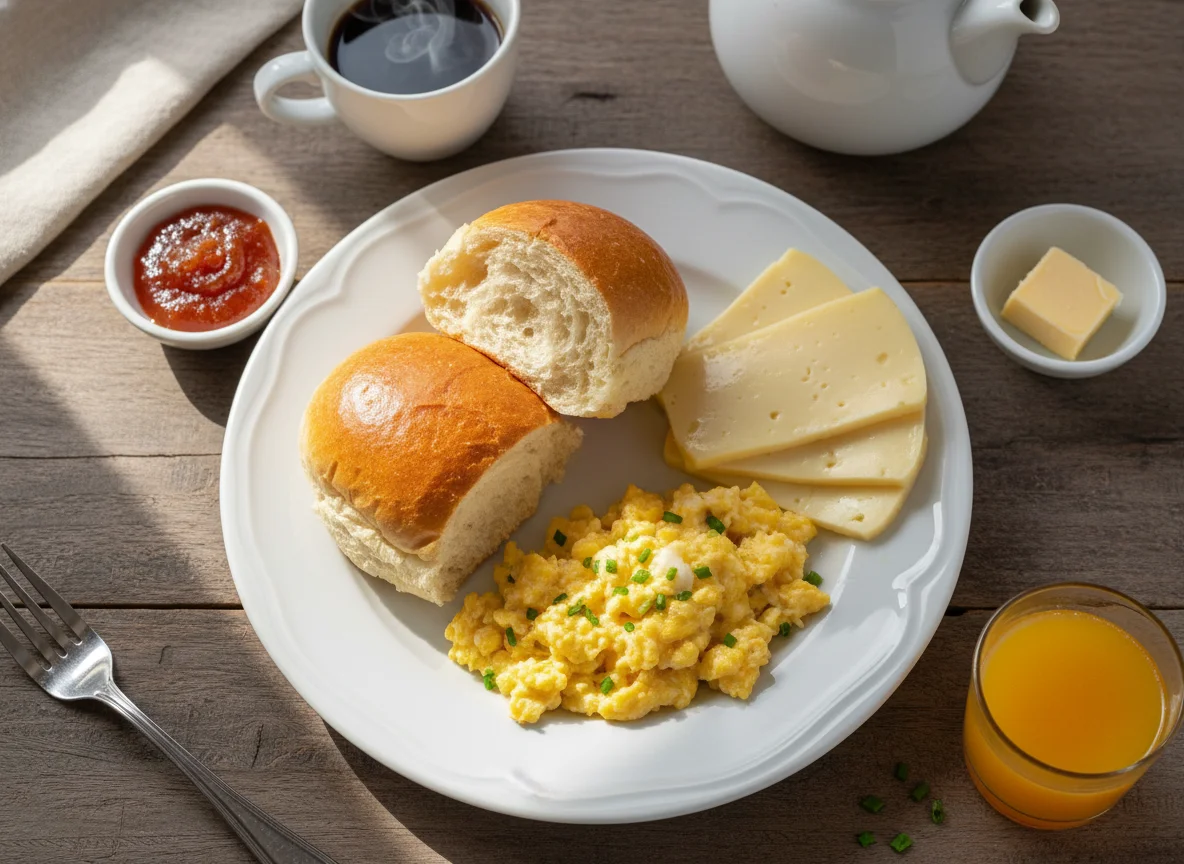 Café da manhã com pão de leite, ovos mexidos e queijo photo