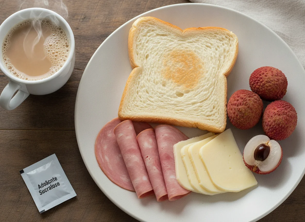 Café da manhã com pão de leite, presunto, queijo e lichia photo