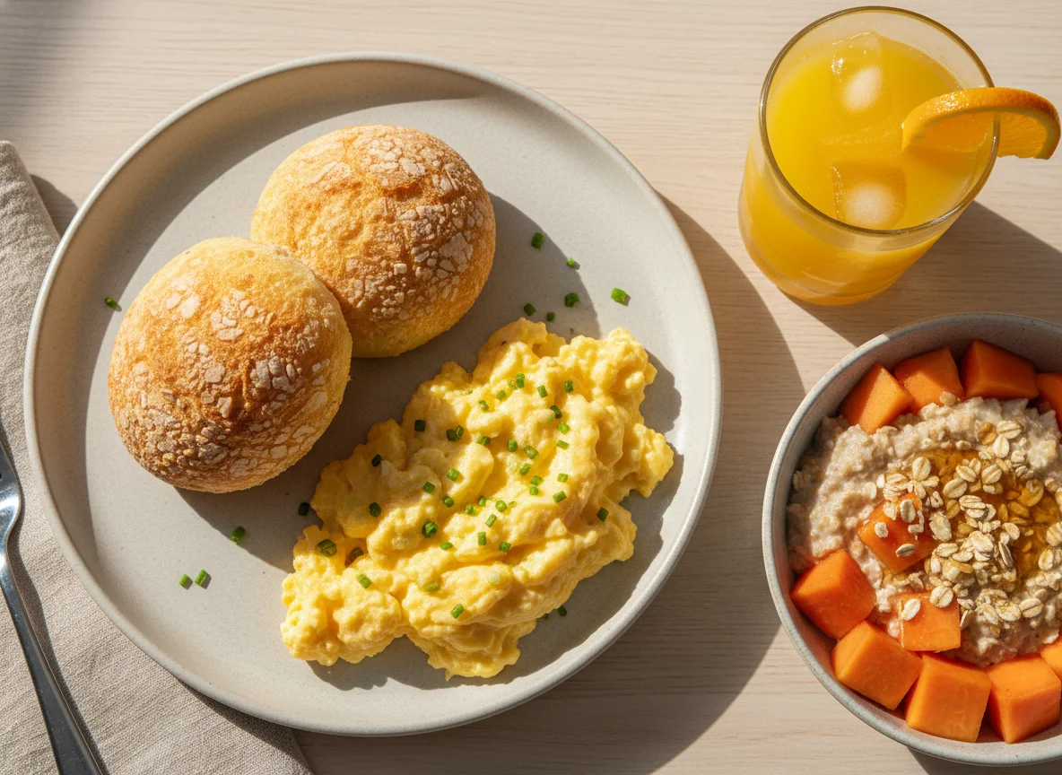 Café da manhã com pão de parmesão, ovos mexidos e suco de laranja, mamão e aveia photo