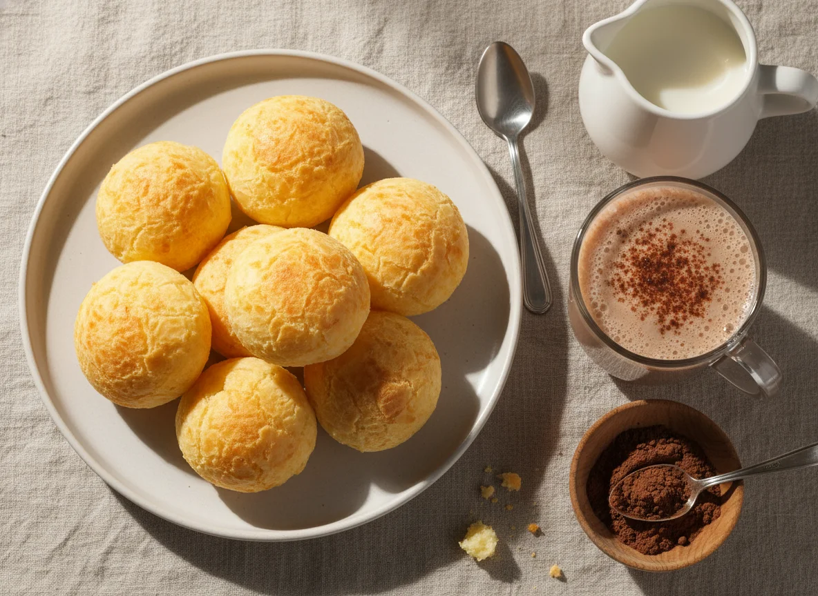 Café da manhã com pão de queijo e achocolatado photo