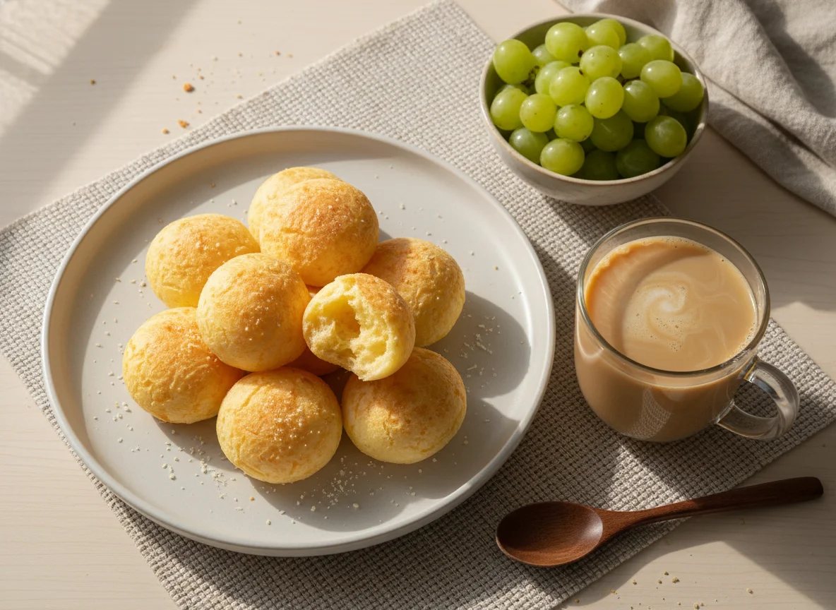 Café da manhã com pão de queijo e café com leite photo