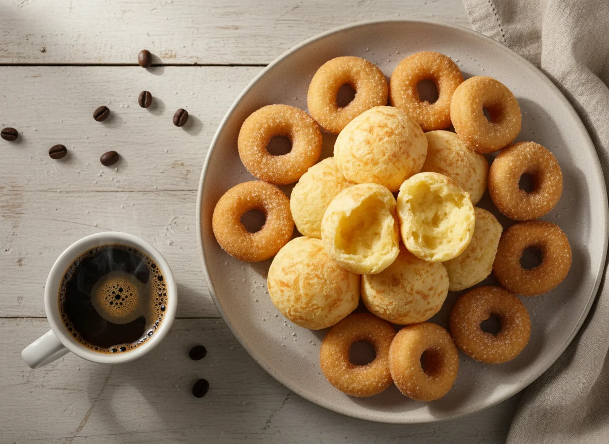 Café da manhã com pão de queijo e rosquinhas photo