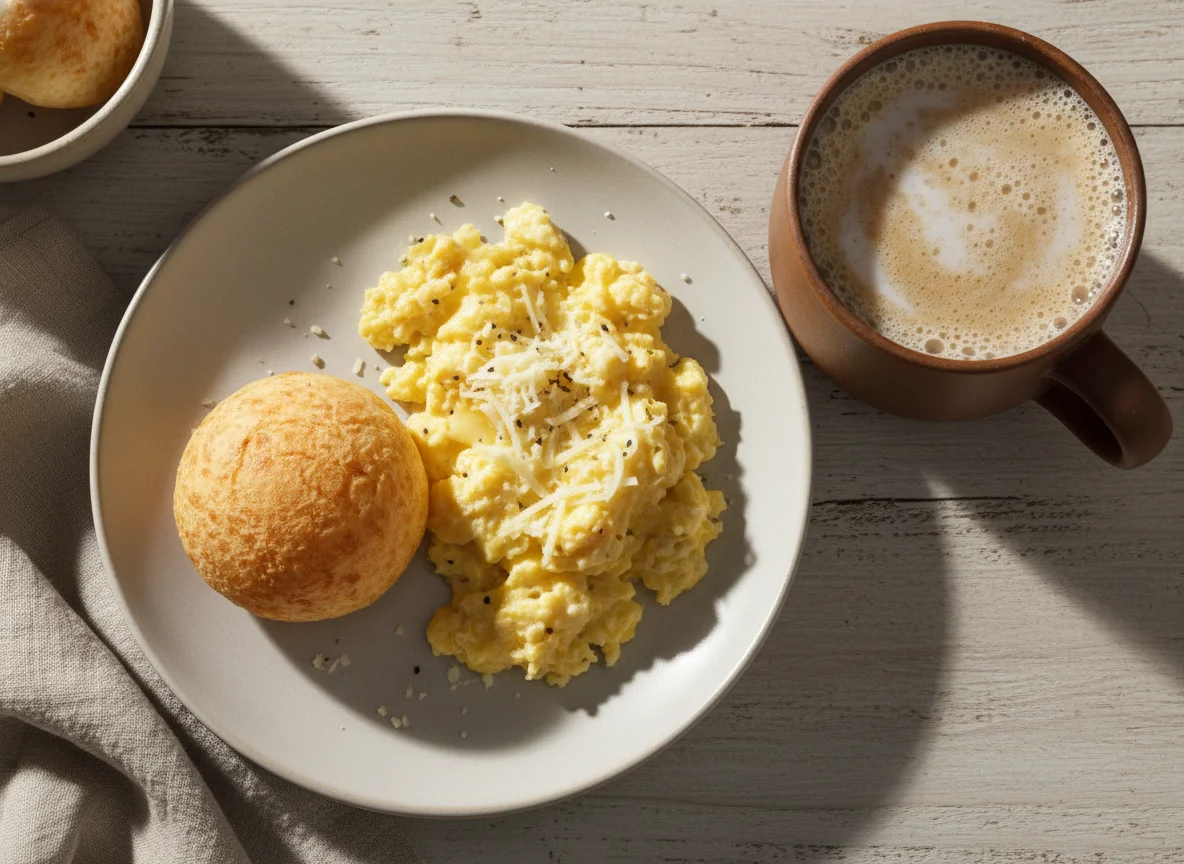Café da manhã com pão de queijo, ovos mexidos com queijo e café com leite photo
