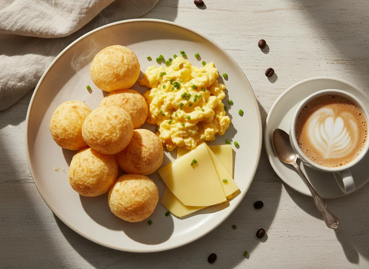 Café da manhã com pão de queijo, ovos mexidos e café com leite photo