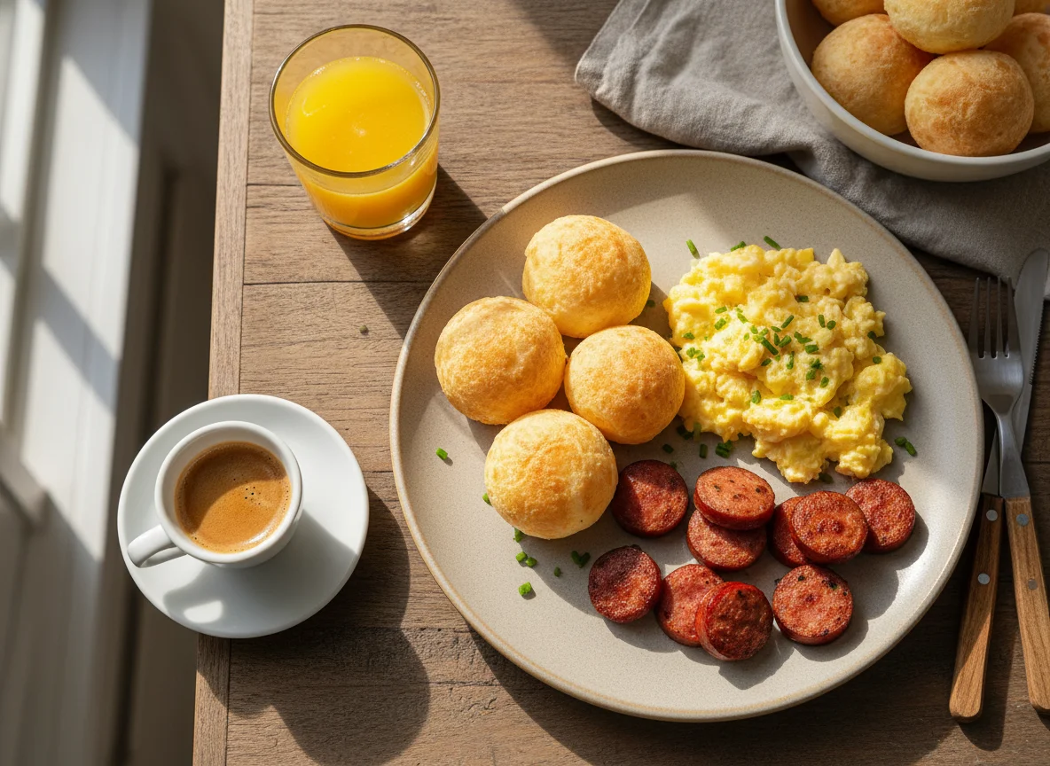 Café da manhã com pão de queijo, ovos mexidos e calabresa photo