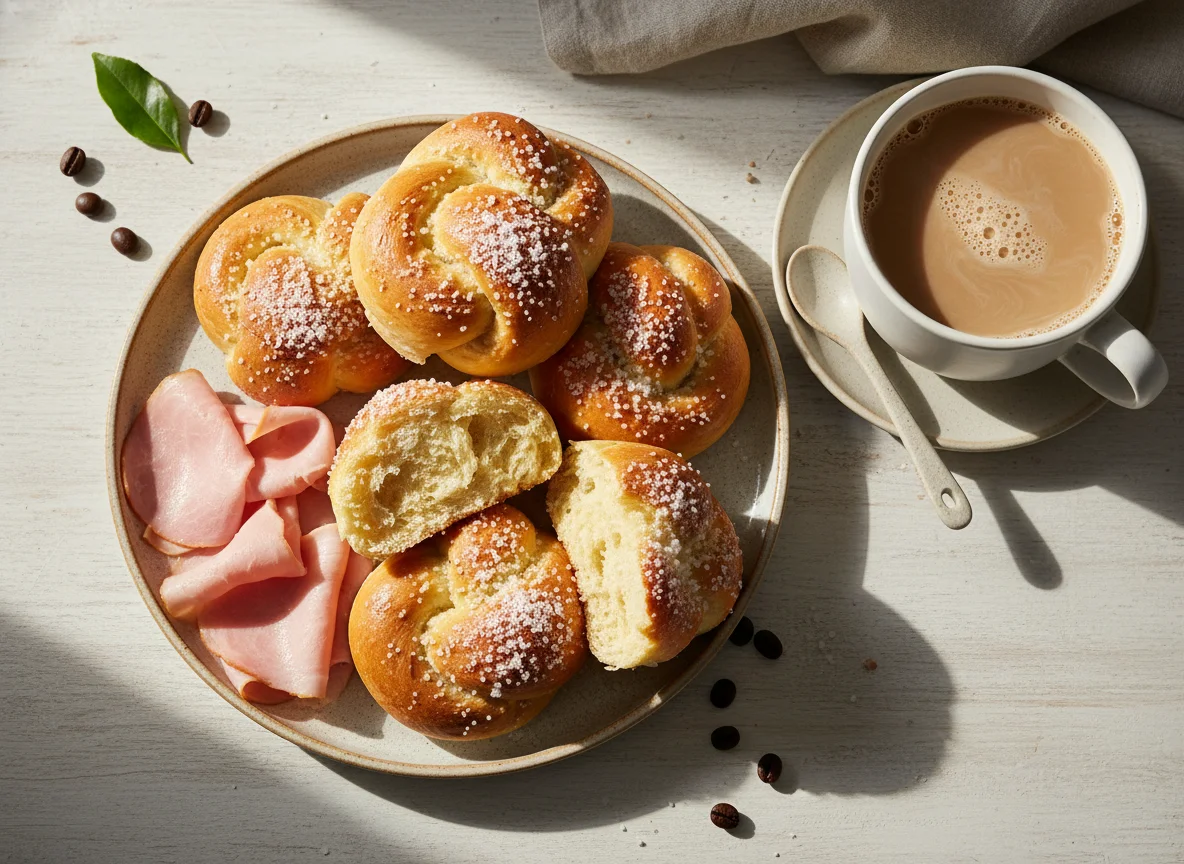 Café da manhã com pão doce e café com leite photo