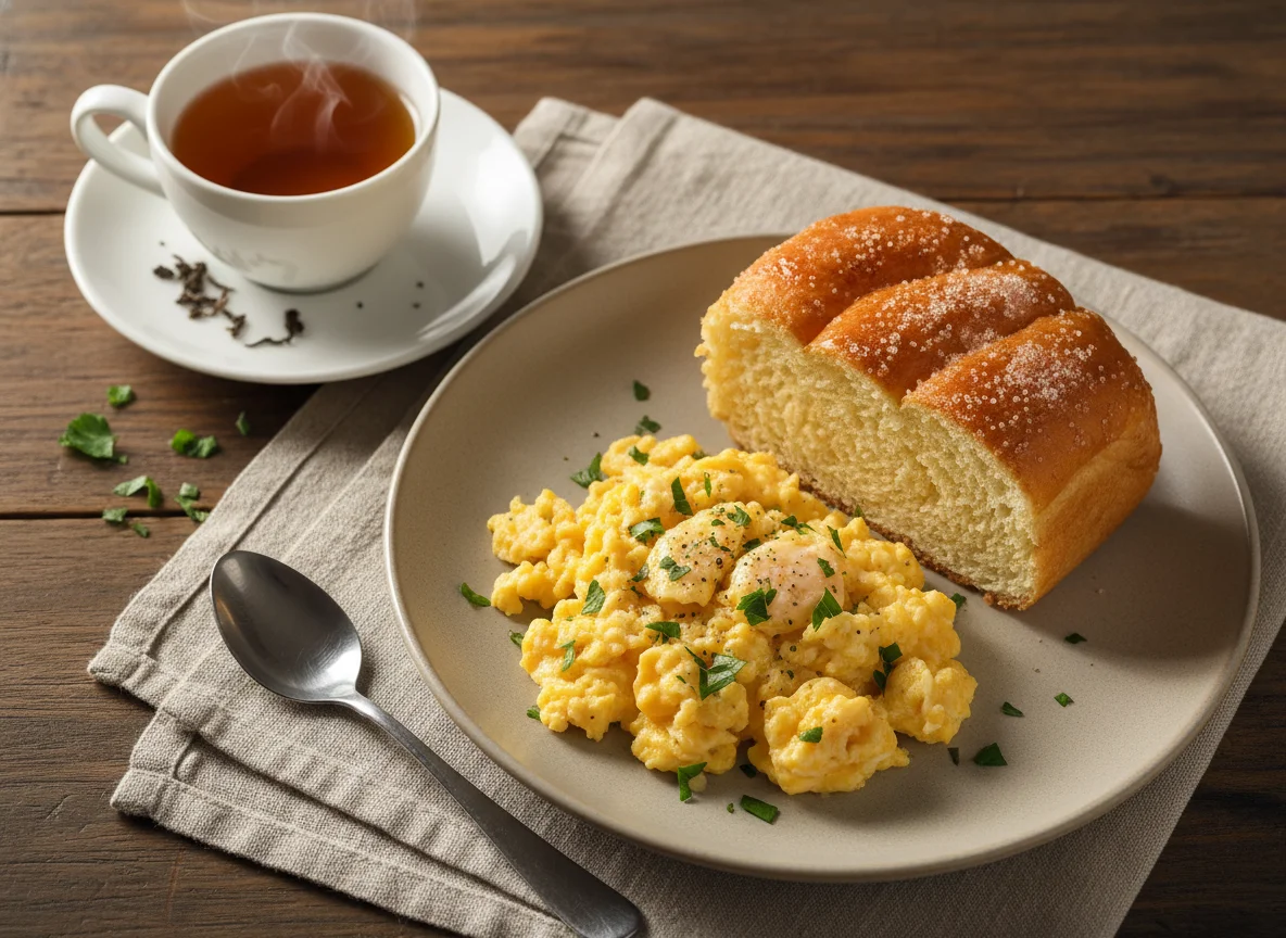 Café da manhã com pão doce e ovos mexidos photo