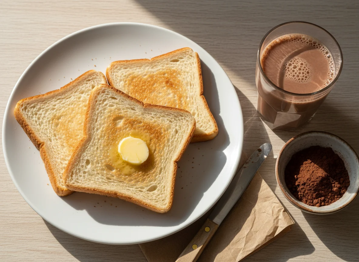 Café da manhã com pão e achocolatado photo