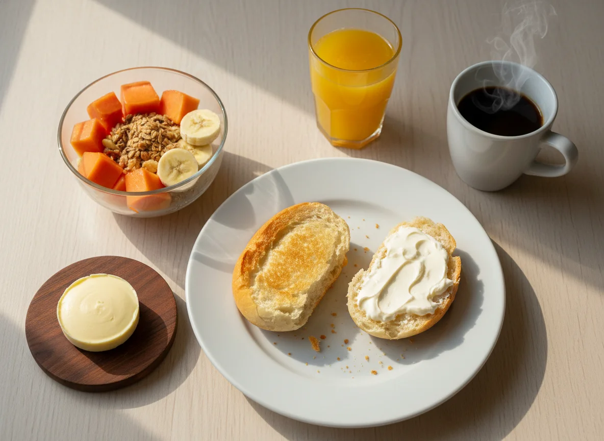 Café da manhã com pão e acompanhamentos photo
