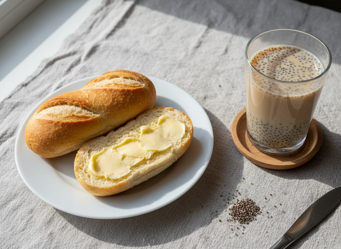 Café da manhã com pão e bebida com sementes photo