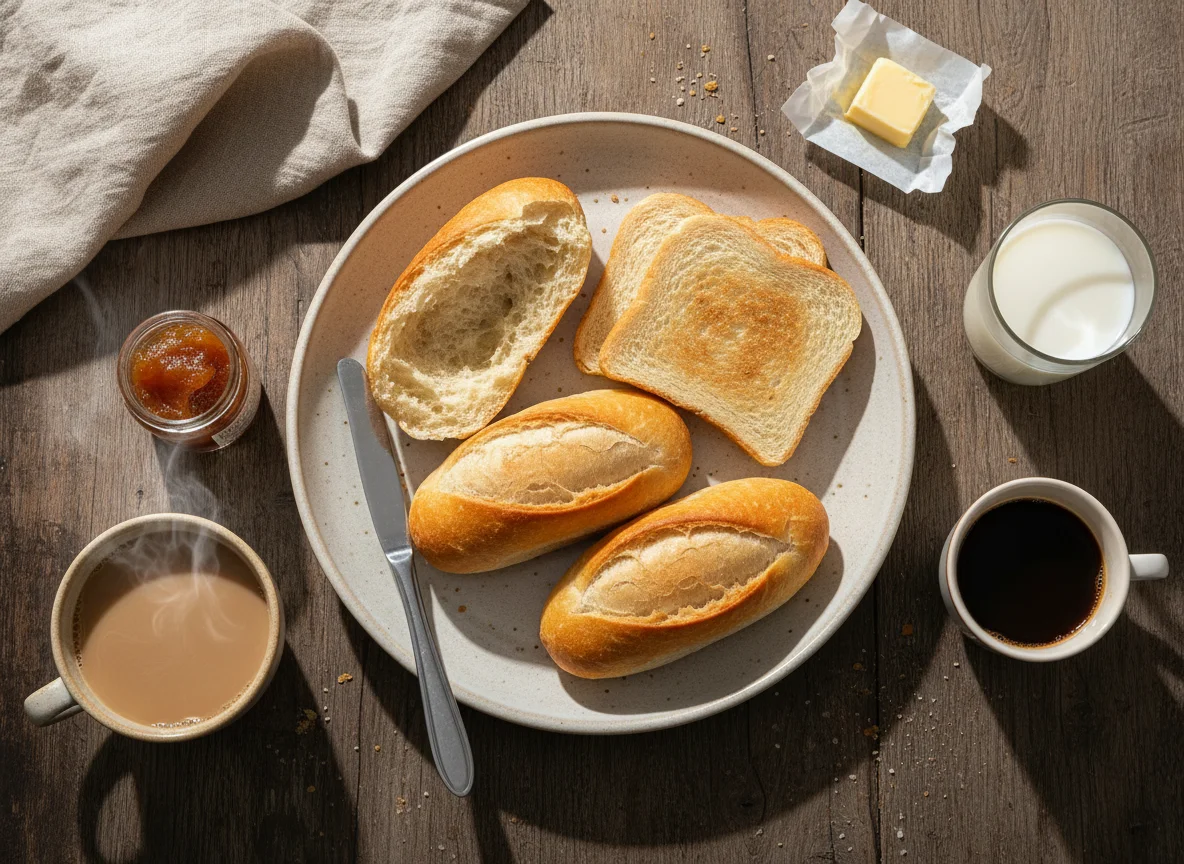 Café da manhã com pão e café com leite photo