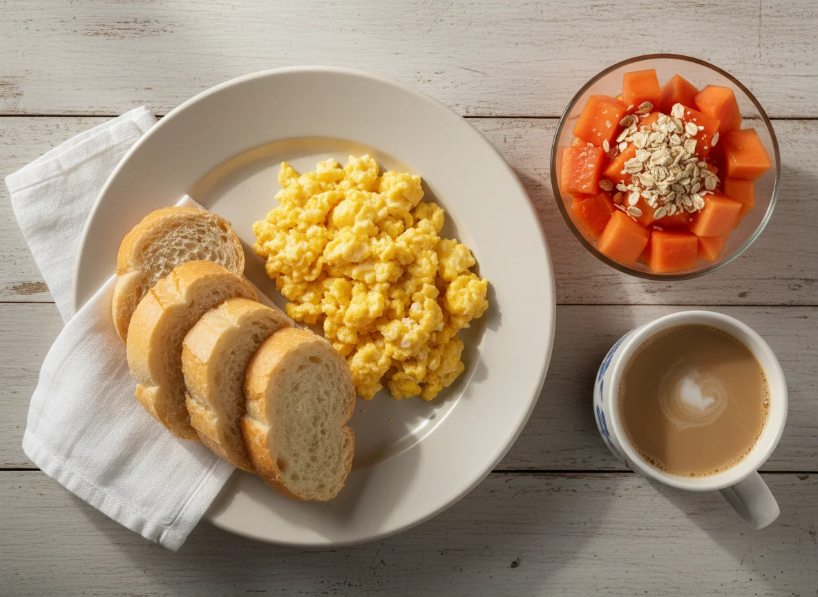 Café da manhã com pão e mamão photo
