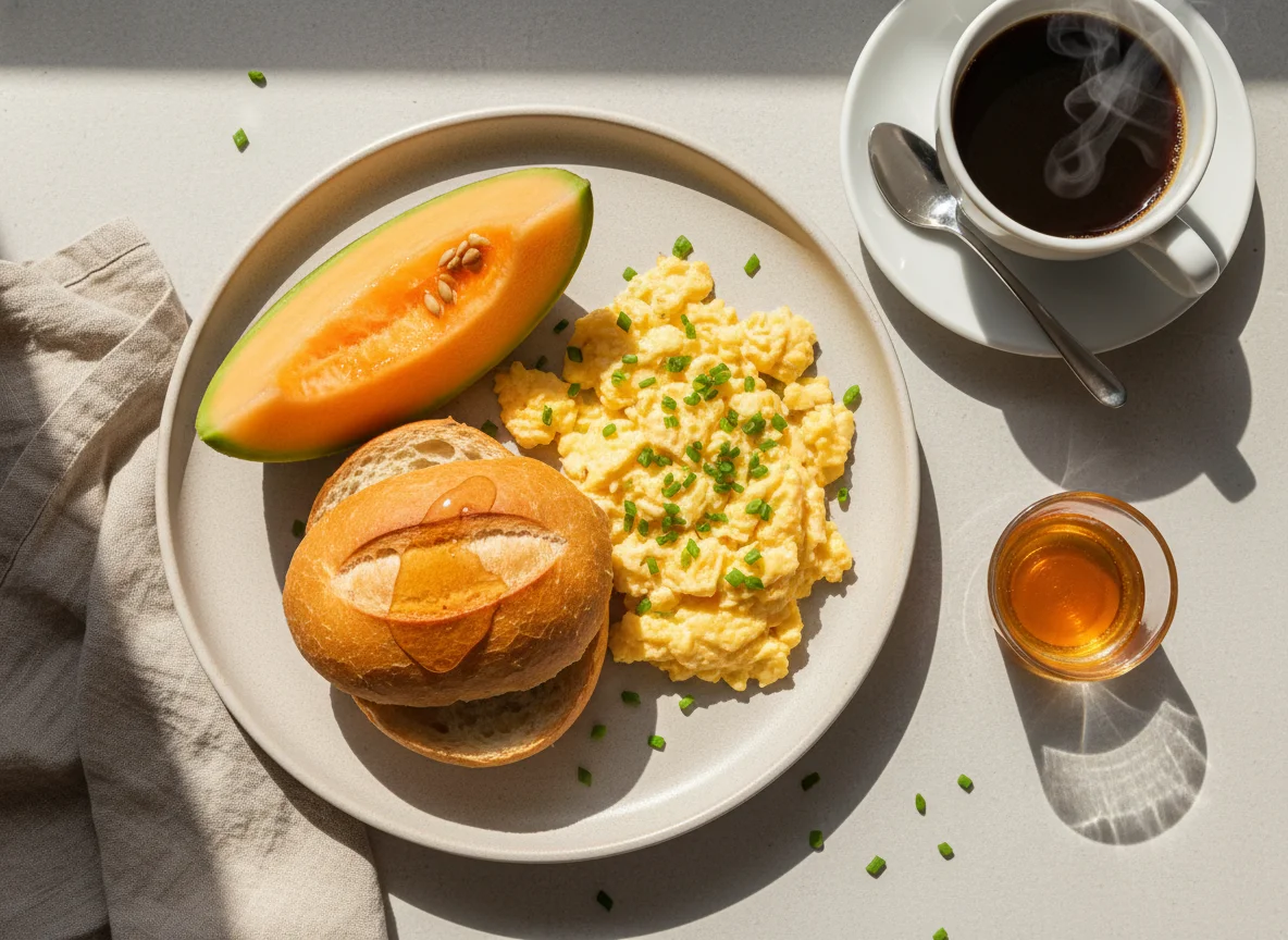 Café da manhã com pão e ovos, melão e café photo